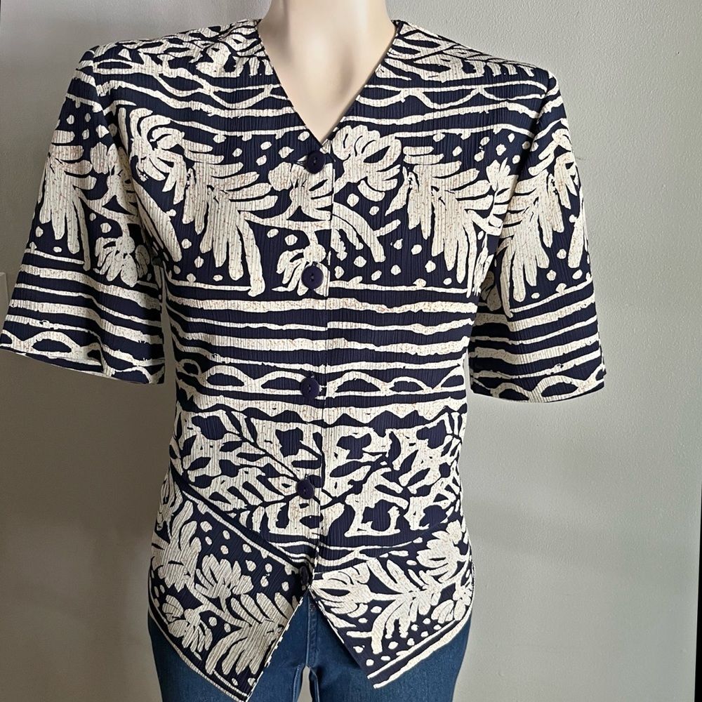 Vintage Alia Navy White Tropical Print Button Front Blouse Size 8